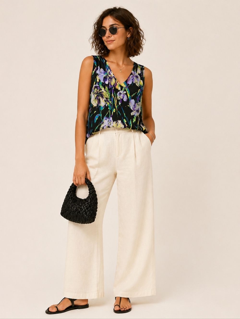 Jones Studio | Black Floral V-Neck Tank Top, Size L